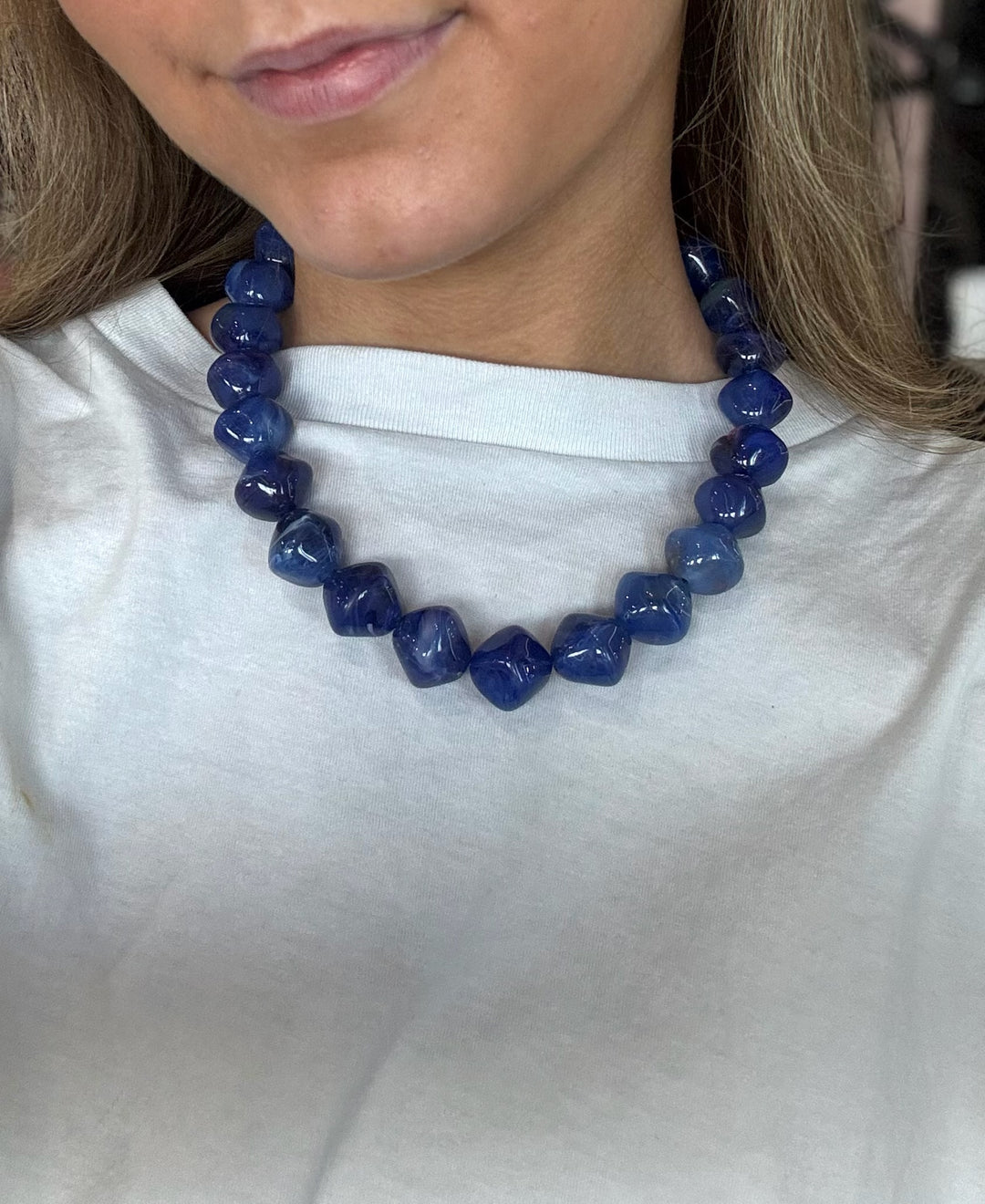 Royal Blue Marbled Cube Beaded Necklace