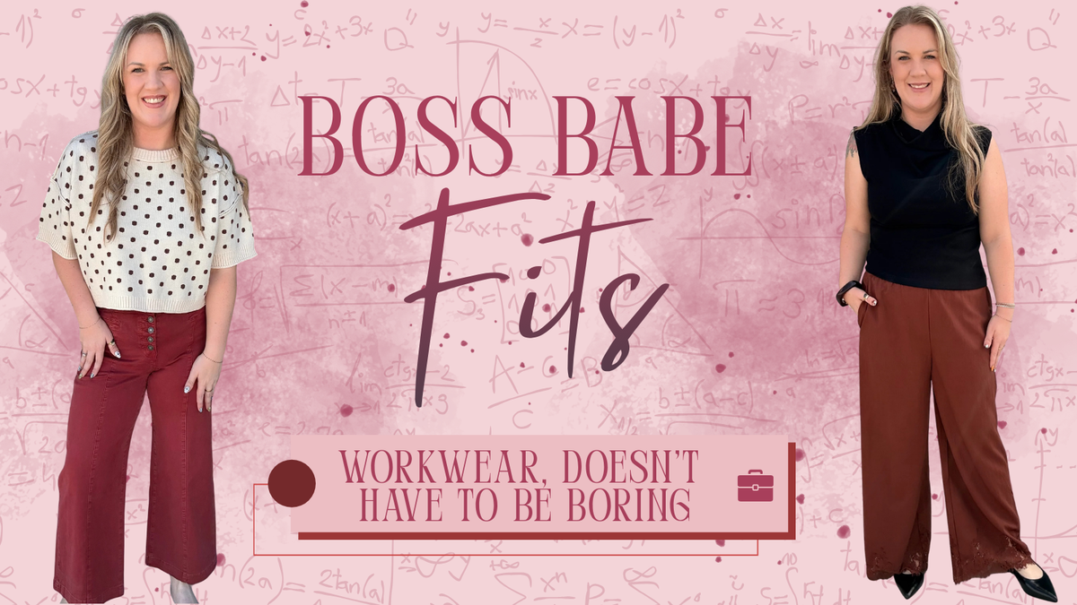 A promotional graphic for 'Boss Babe Fits' showing two women modeling workwear on a pink background with math equations. The left model wears a white short-sleeve blouse with black polka dots and burgundy wide-leg pants.