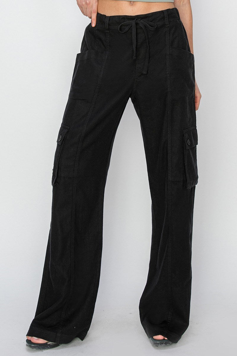 Black High Rise Linen Wide Cargo Risen Pants