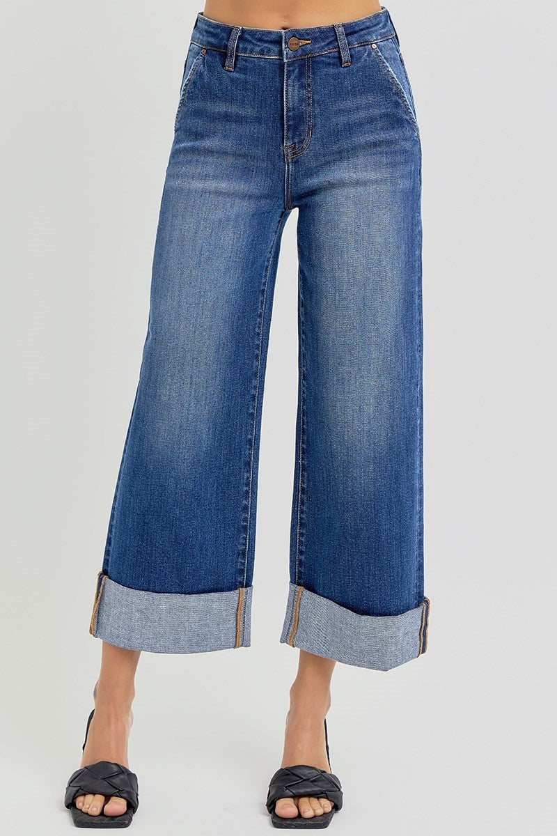 Risen High Rise Ankle Wide Cuffed Jeans