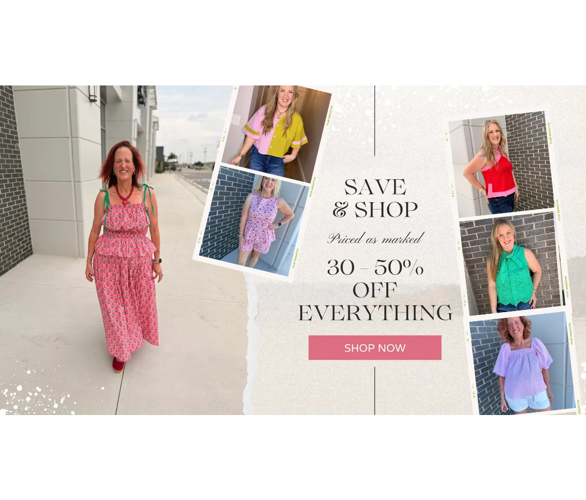 Urban Rose Mercantile sale banner showing 30 to 50 percent off with lifestyle photos of women in floral dresses, colorful tops, and casual summer outfits