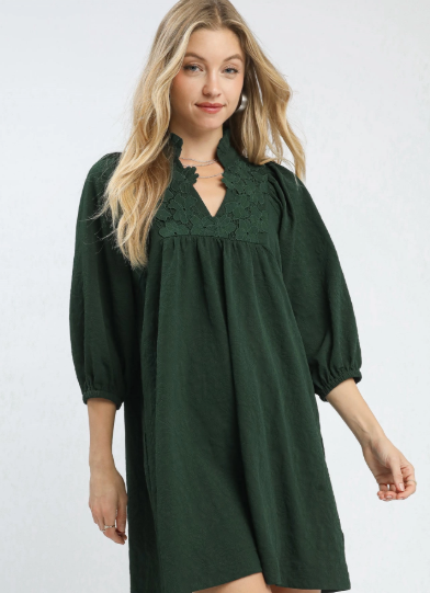 Hunter Green Neck Lace Dress