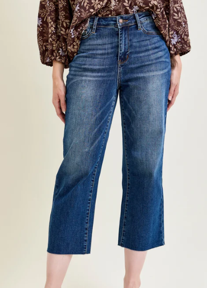 Judy Blue Back Pocket Embroidery Crop Wide Jeans