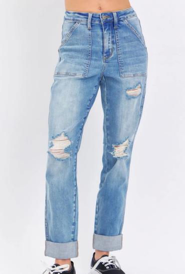 Judy Blue Patch Pocket & Destroy BF Jeans