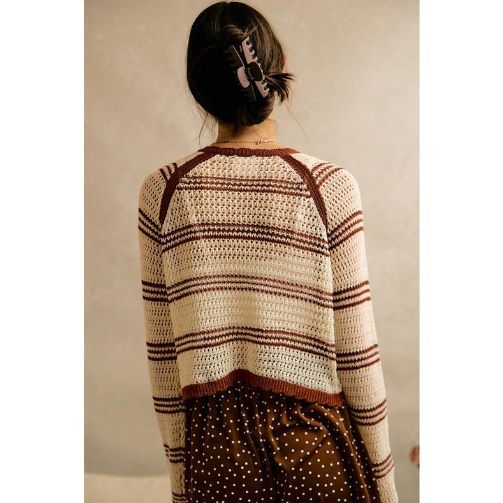 STRIPE OPEN KNIT TIE SWEATER TOP: BROWN / XL