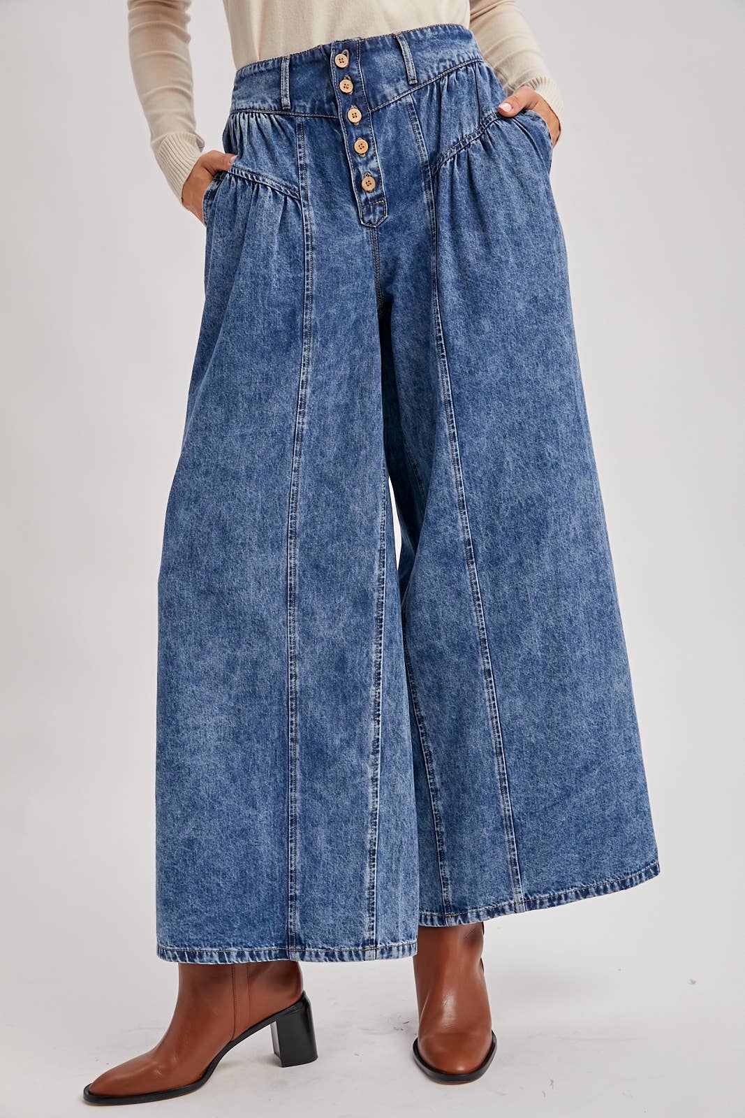 Retro Pleated Denim Wide Leg Jeans