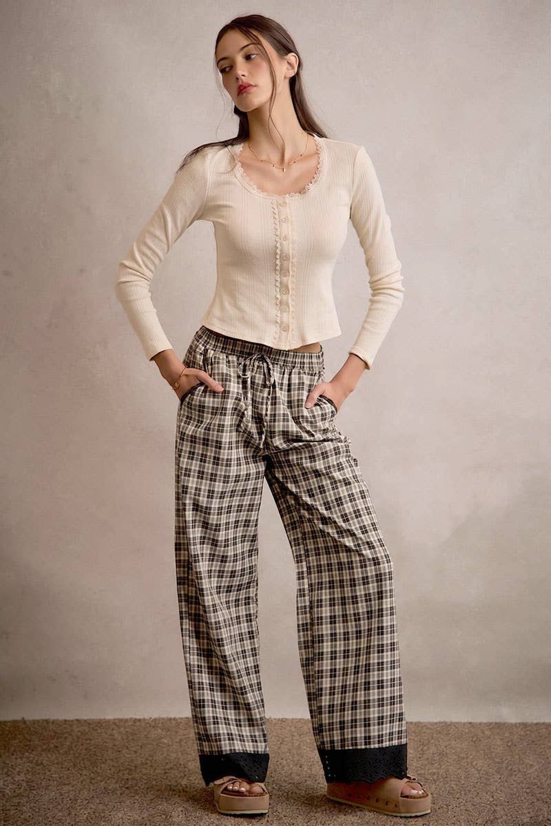 Black Plaid Laced Down Pants