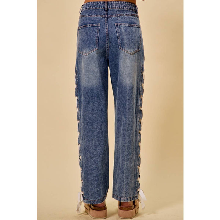 Mid Rise Straight Lace Up Jeans