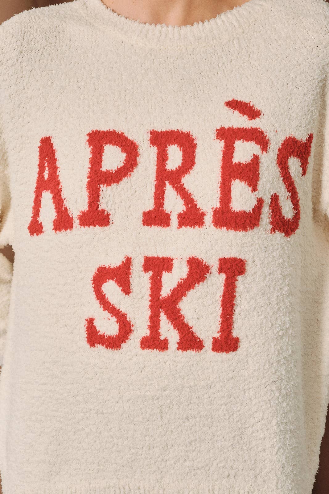 Apres Ski Fuzzy Crew Neck Long Sleeve Pullover Sweater: CREAM-RED / M