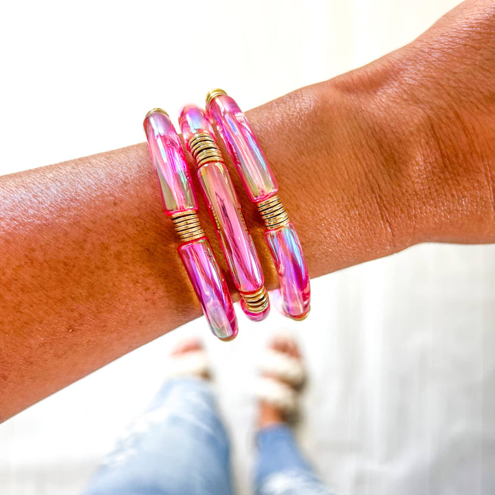 Metallic Clear Pink Tube Bamboo Bracelet