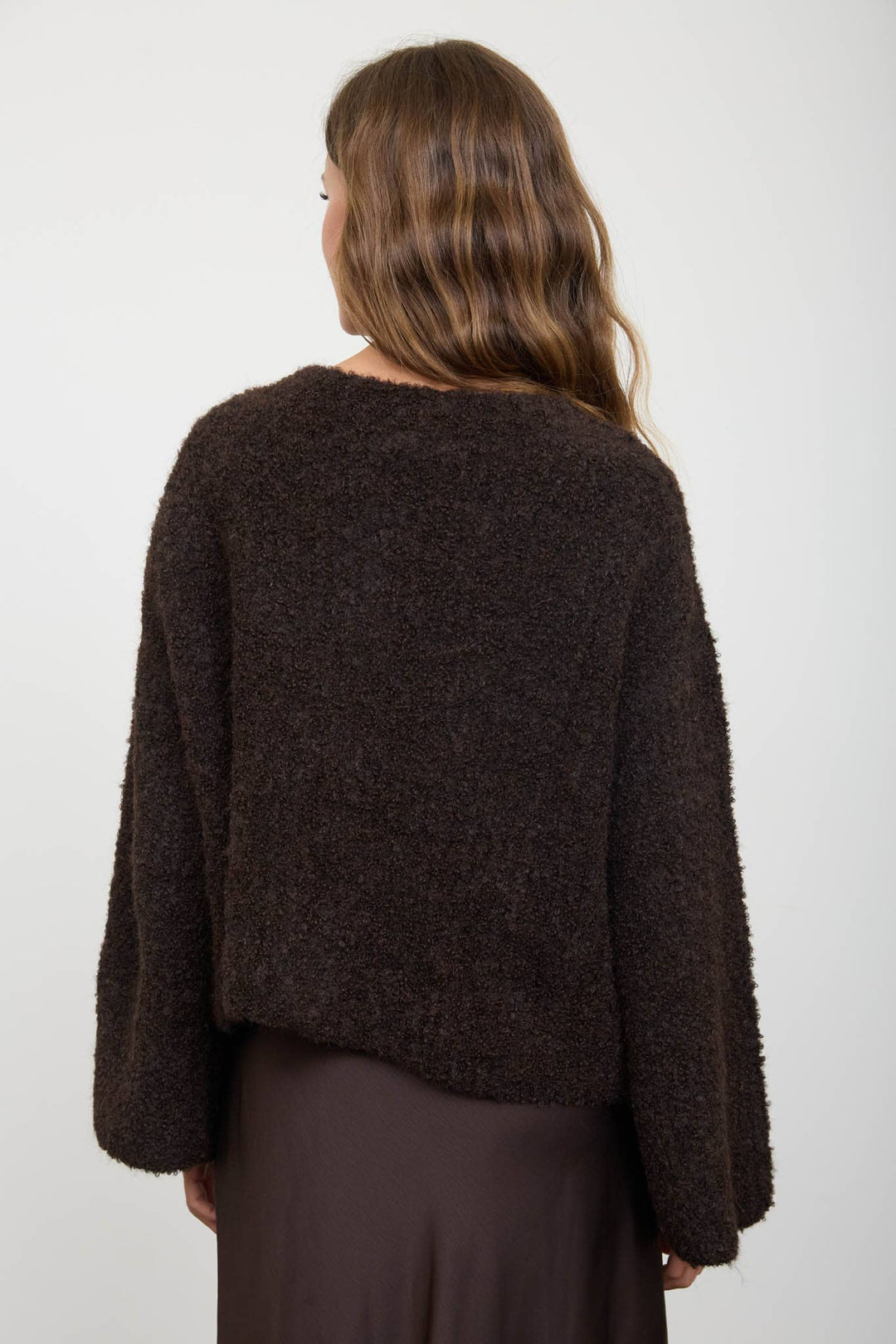FUZZY KNIT BUTTON DOWN BOXY CARDIGAN SWEATER: CHOCOLATE BROWN