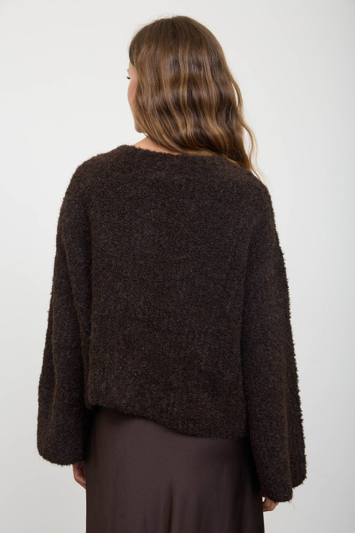 FUZZY KNIT BUTTON DOWN BOXY CARDIGAN SWEATER: CHOCOLATE BROWN