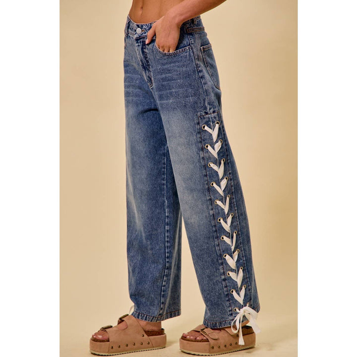Mid Rise Straight Lace Up Jeans