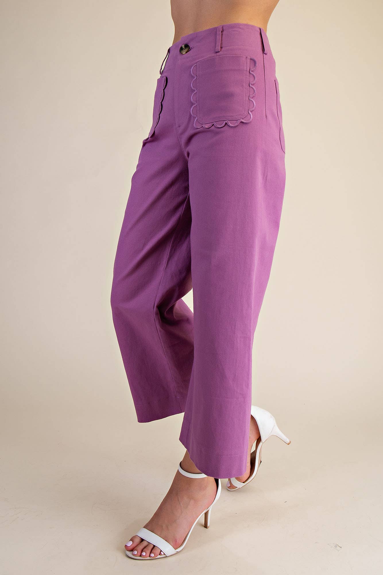 Lilac Cropped Wide-Leg Scallop Pocket Detail Pants