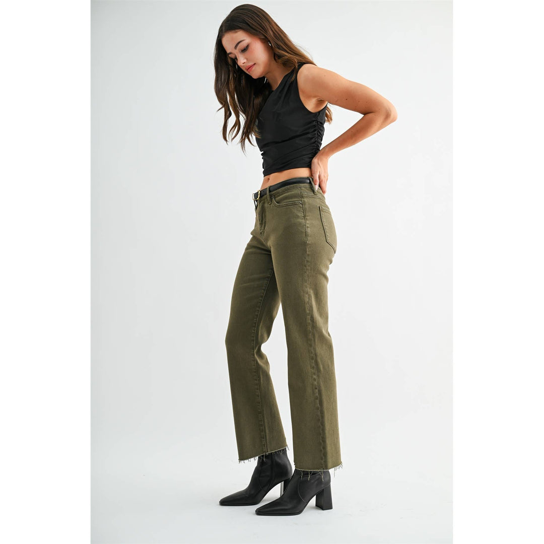 High Rise Olive Tummy Control Straight Jean