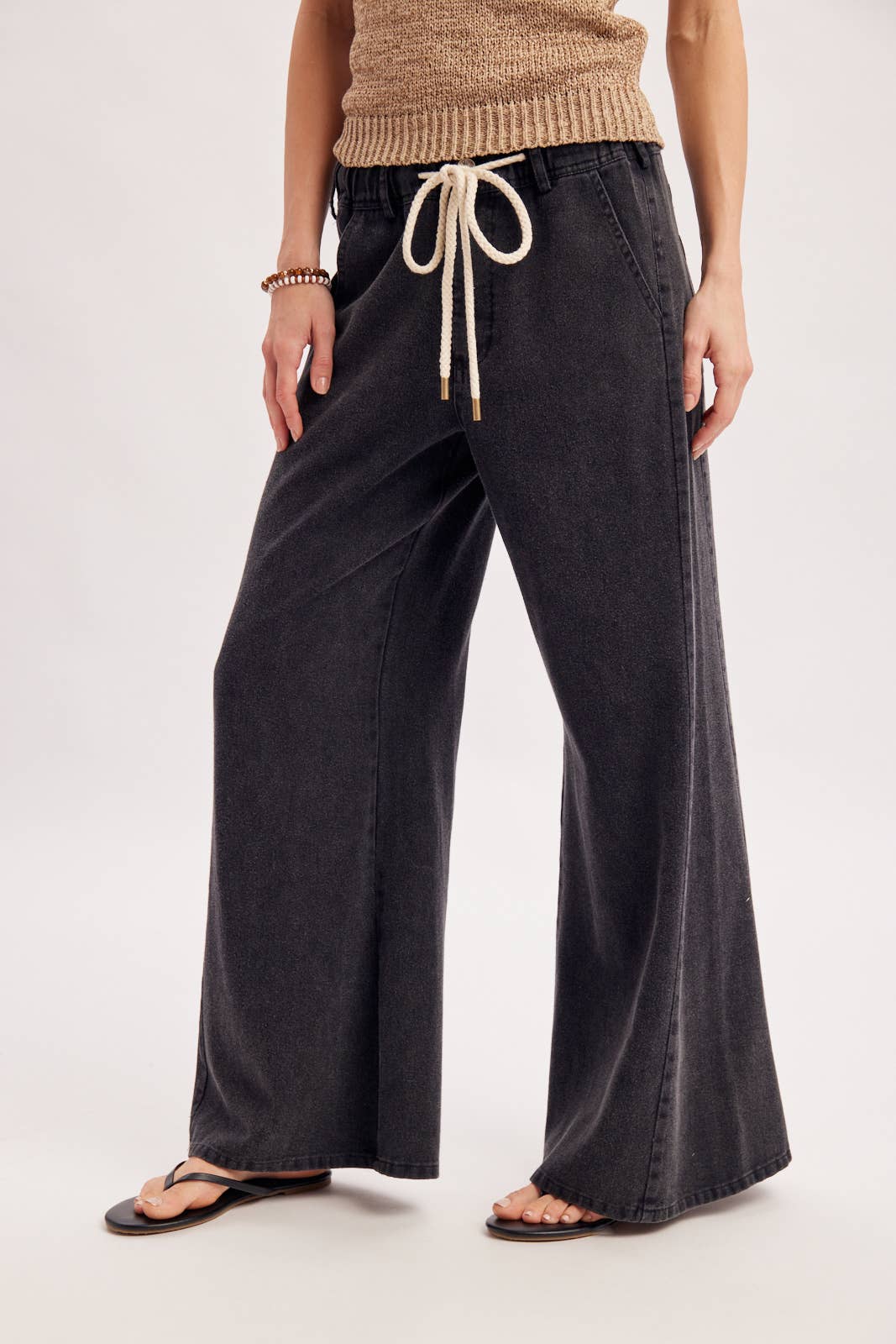 Black Washed Mid-Rise Flare Knit Pants