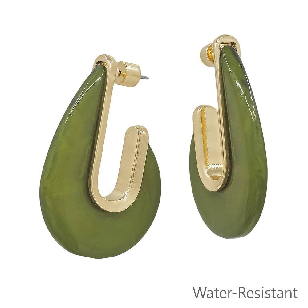 Water Resistant Olive Green Acrylic and Gold Teardrop Earring