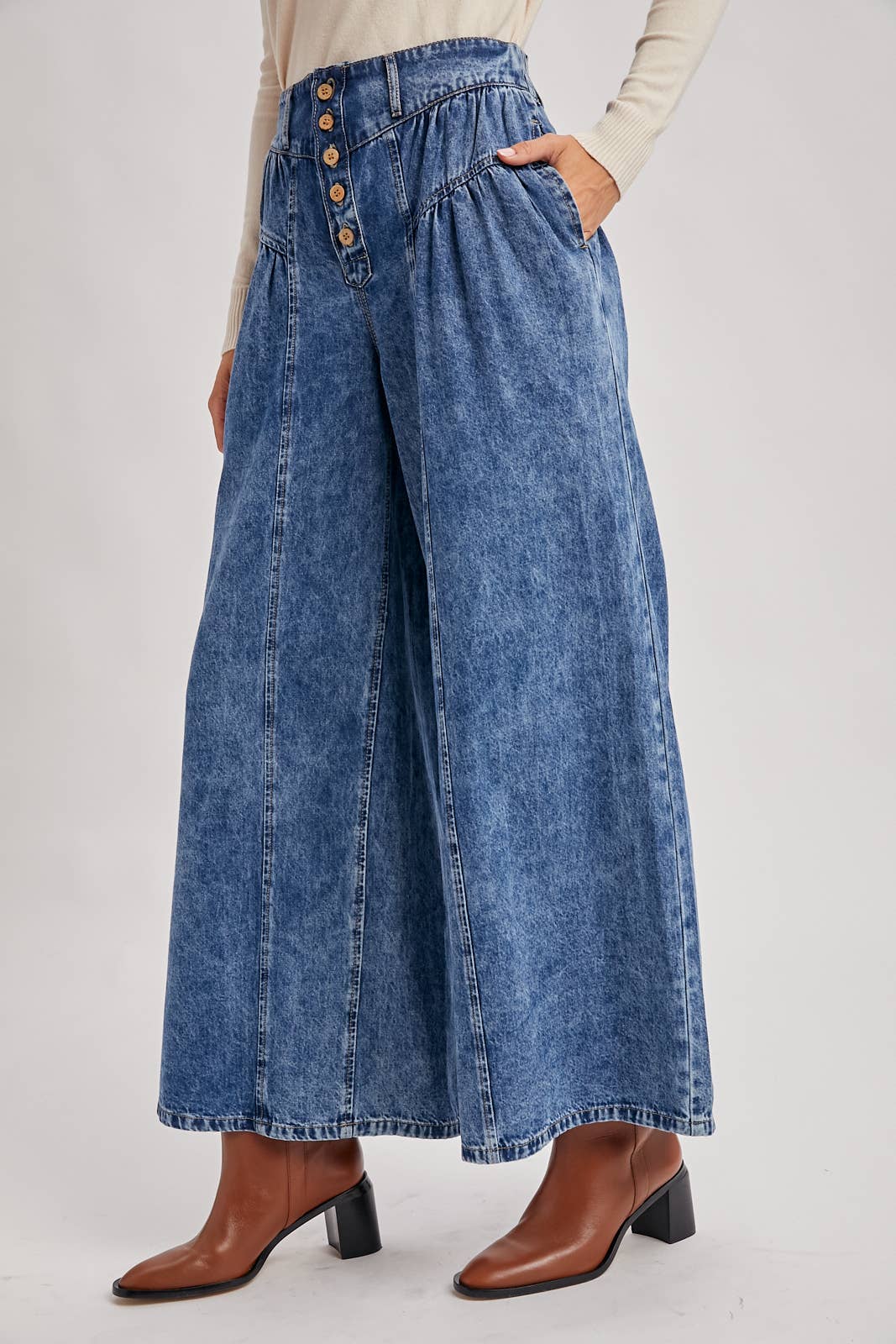 Retro Pleated Denim Wide Leg Jeans