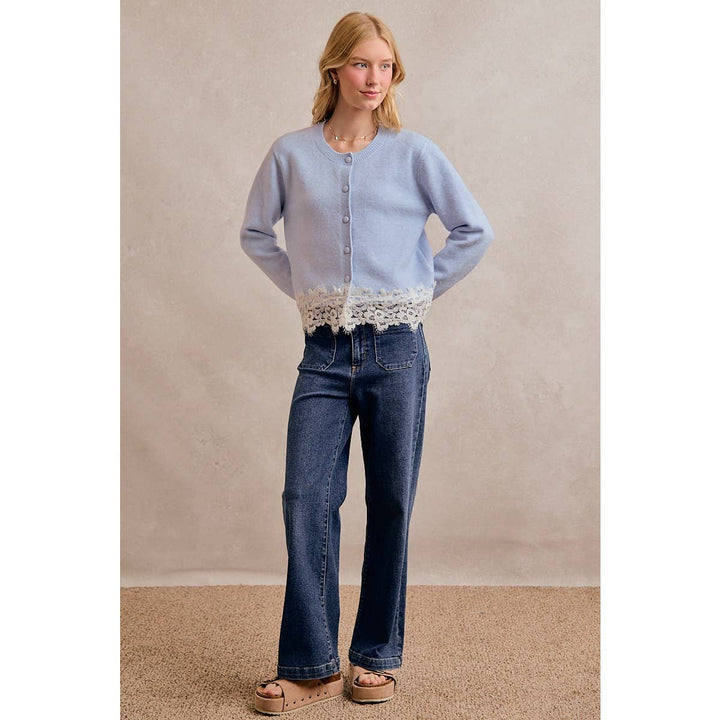BUTTON DOWN LONG SLEEVE KNIT CARDIGAN WITH LACE TRIM: BLUE / XL