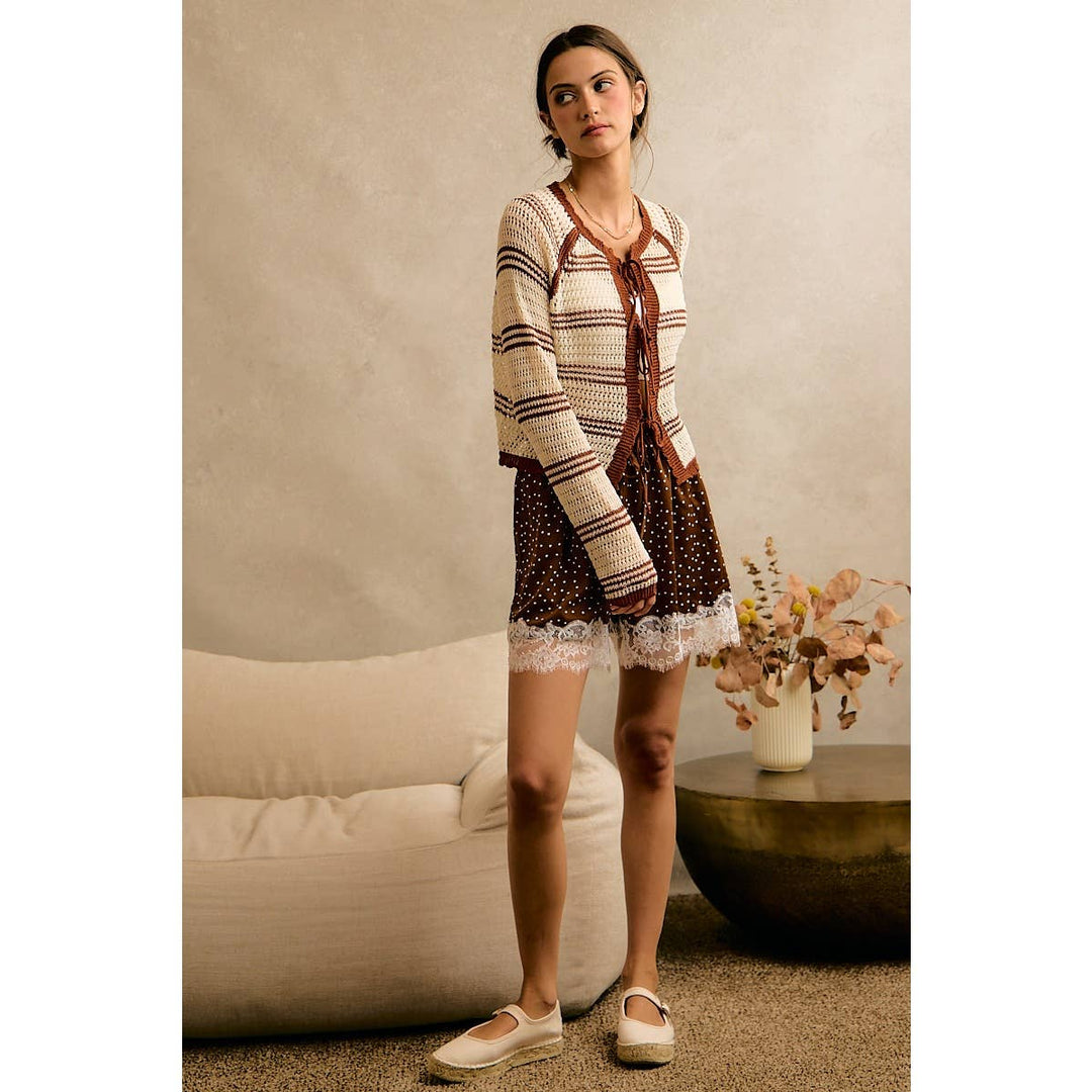 STRIPE OPEN KNIT TIE SWEATER TOP: BROWN / XL