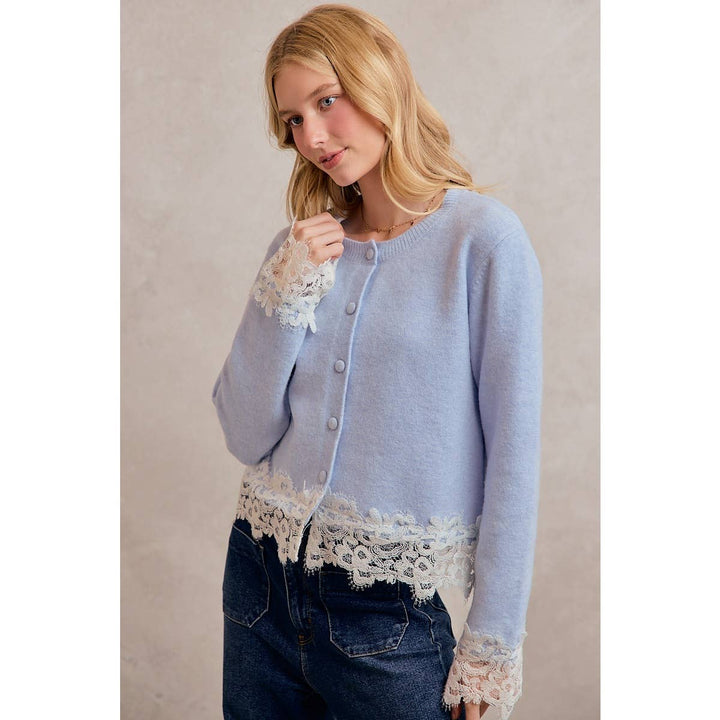 BUTTON DOWN LONG SLEEVE KNIT CARDIGAN WITH LACE TRIM: BLUE / S