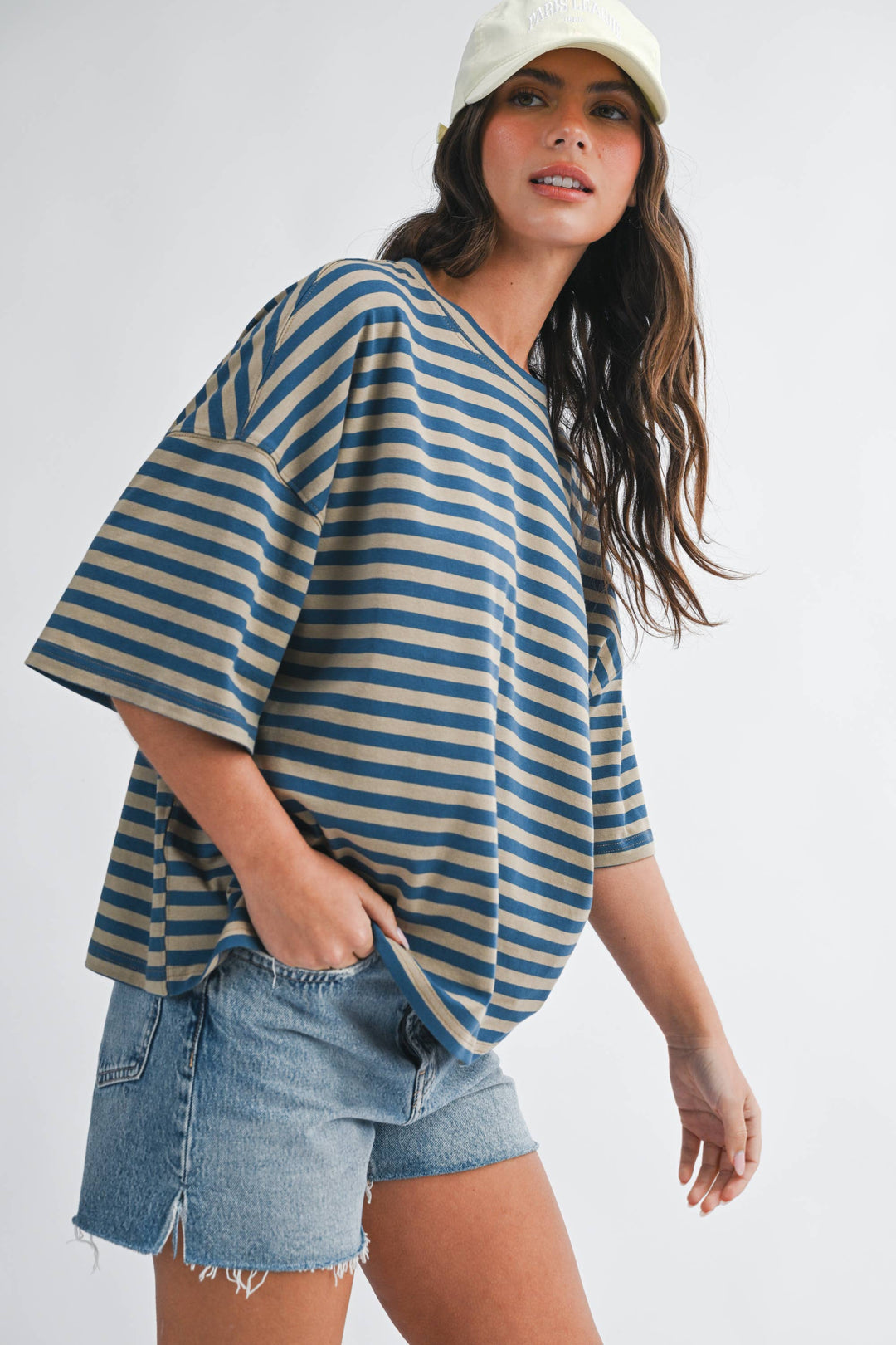 Tan/Blue Oversized Stripe Boyfriend Tee