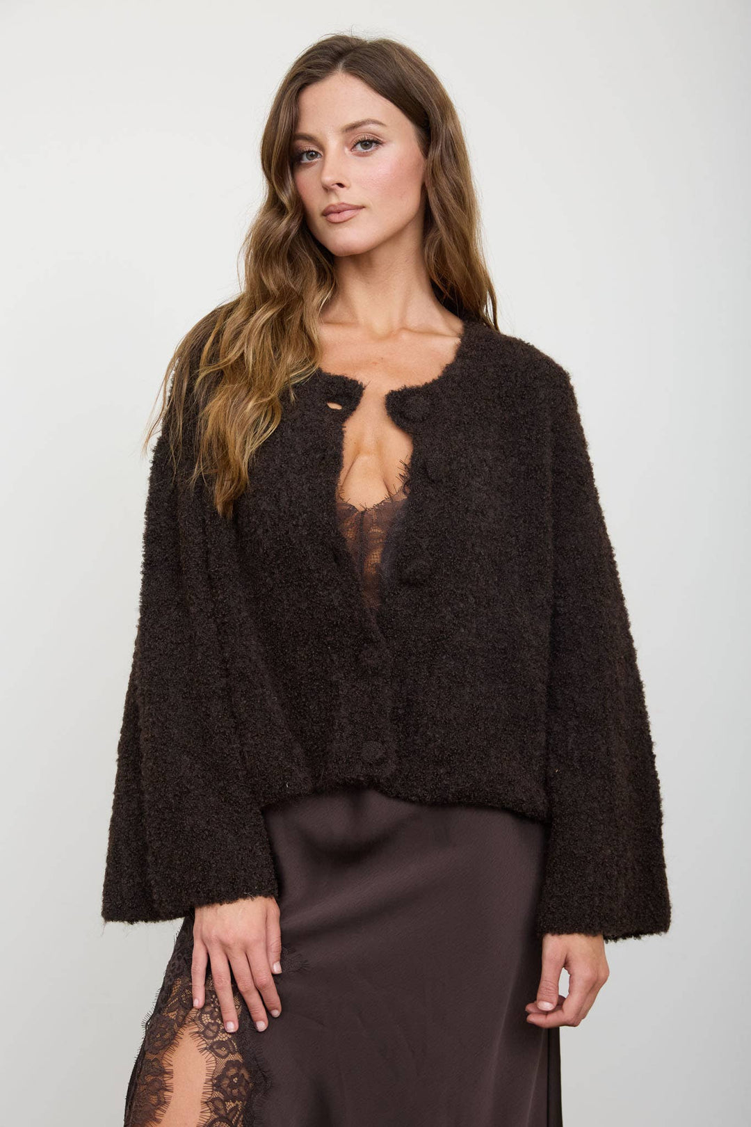 FUZZY KNIT BUTTON DOWN BOXY CARDIGAN SWEATER: CHOCOLATE BROWN