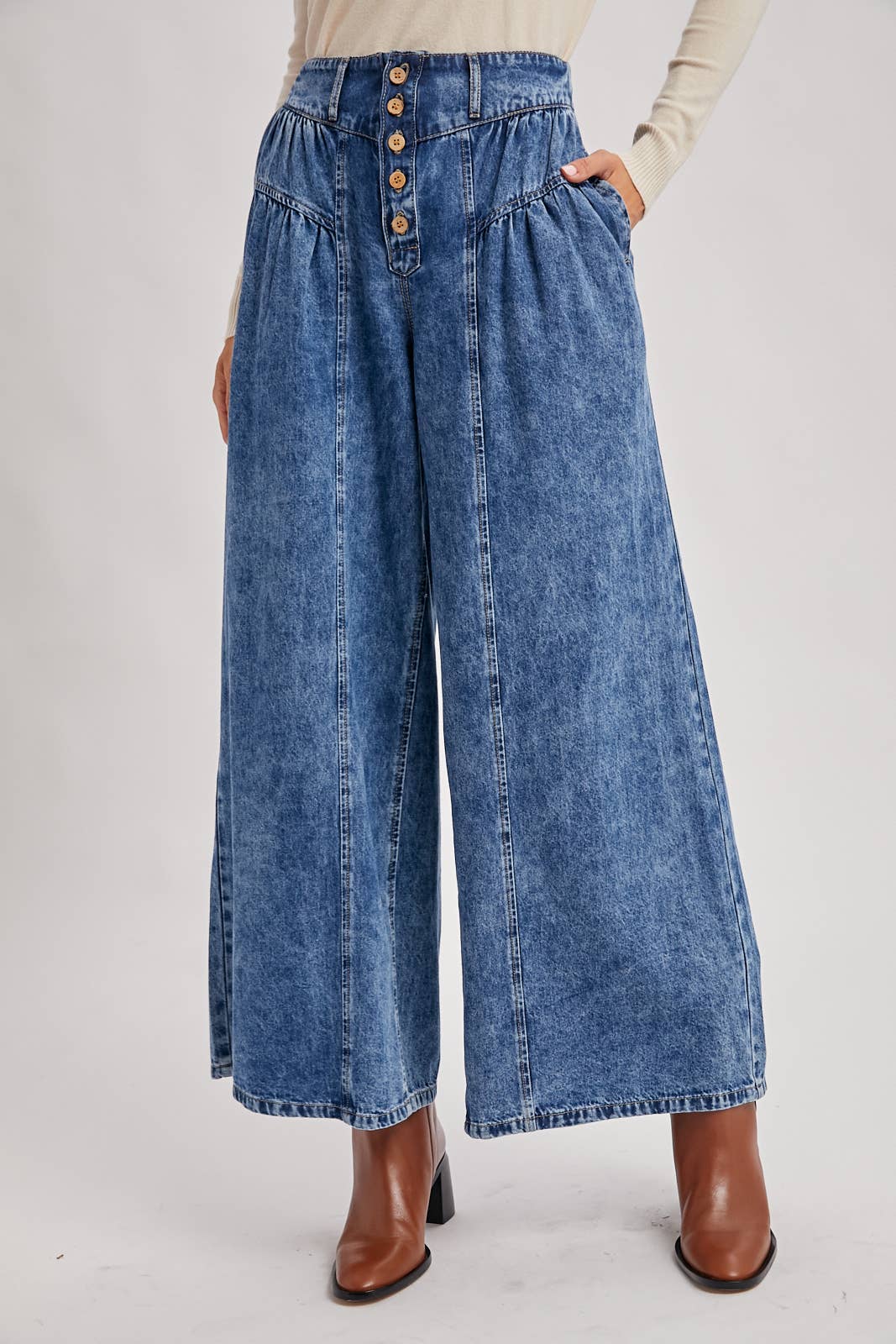 Retro Pleated Denim Wide Leg Jeans