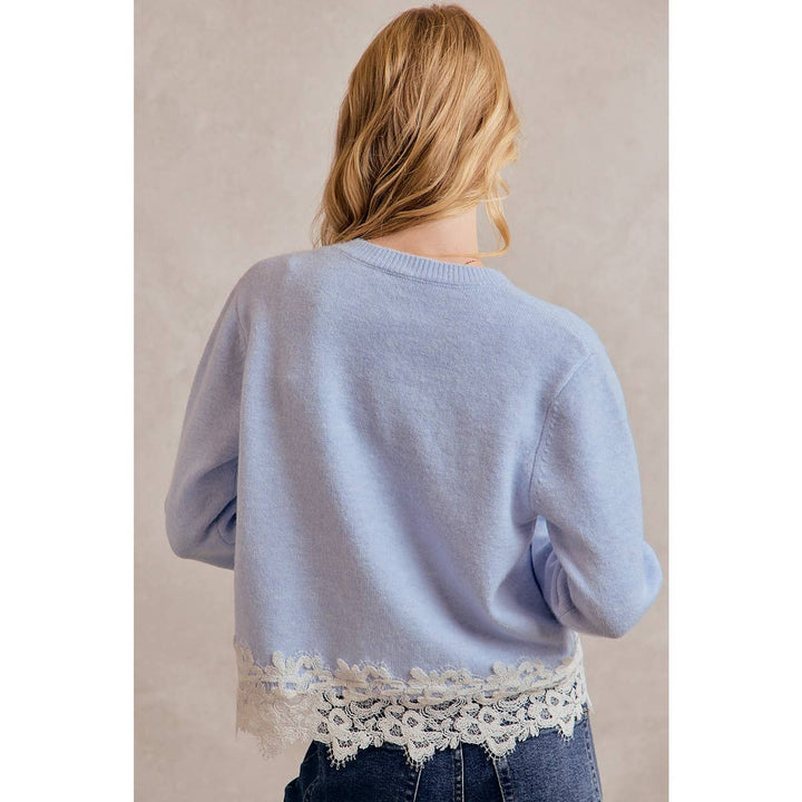 BUTTON DOWN LONG SLEEVE KNIT CARDIGAN WITH LACE TRIM: BLUE / M