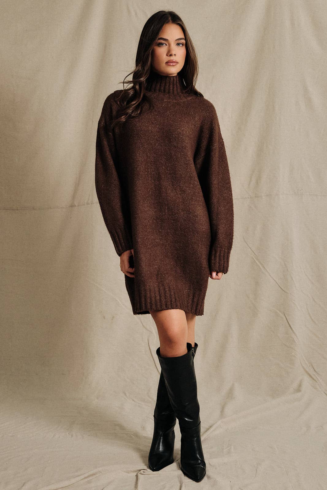 Oversized Turtleneck Long Sleeve Knit Sweater Dress: HUNTER GREEN / M
