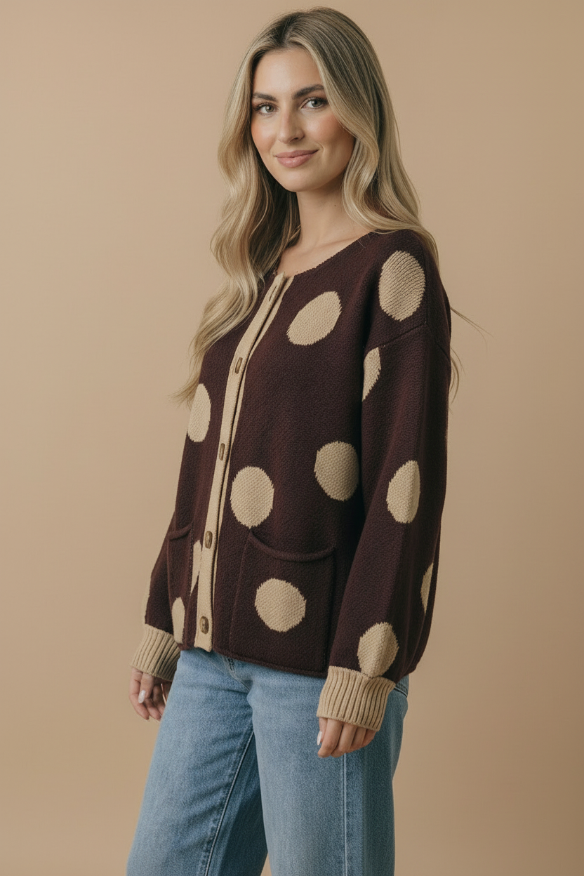 Button Down Polka Dot Jacquard Cardigan: BRUNETTE / M