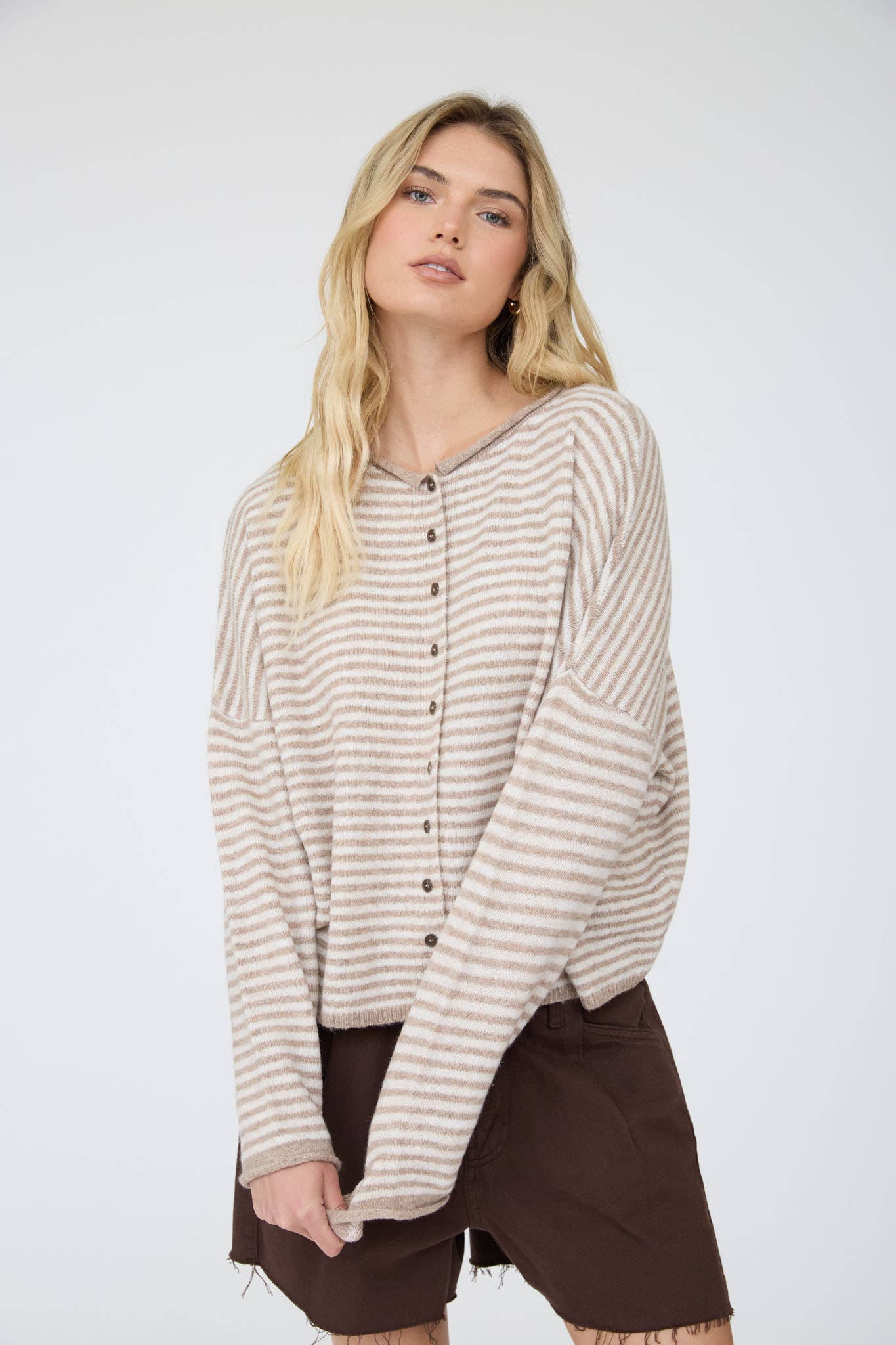 STRIPE RAW EDGE DROP SHOULDER KNIT CARDIGAN : DUSTY BLUE
