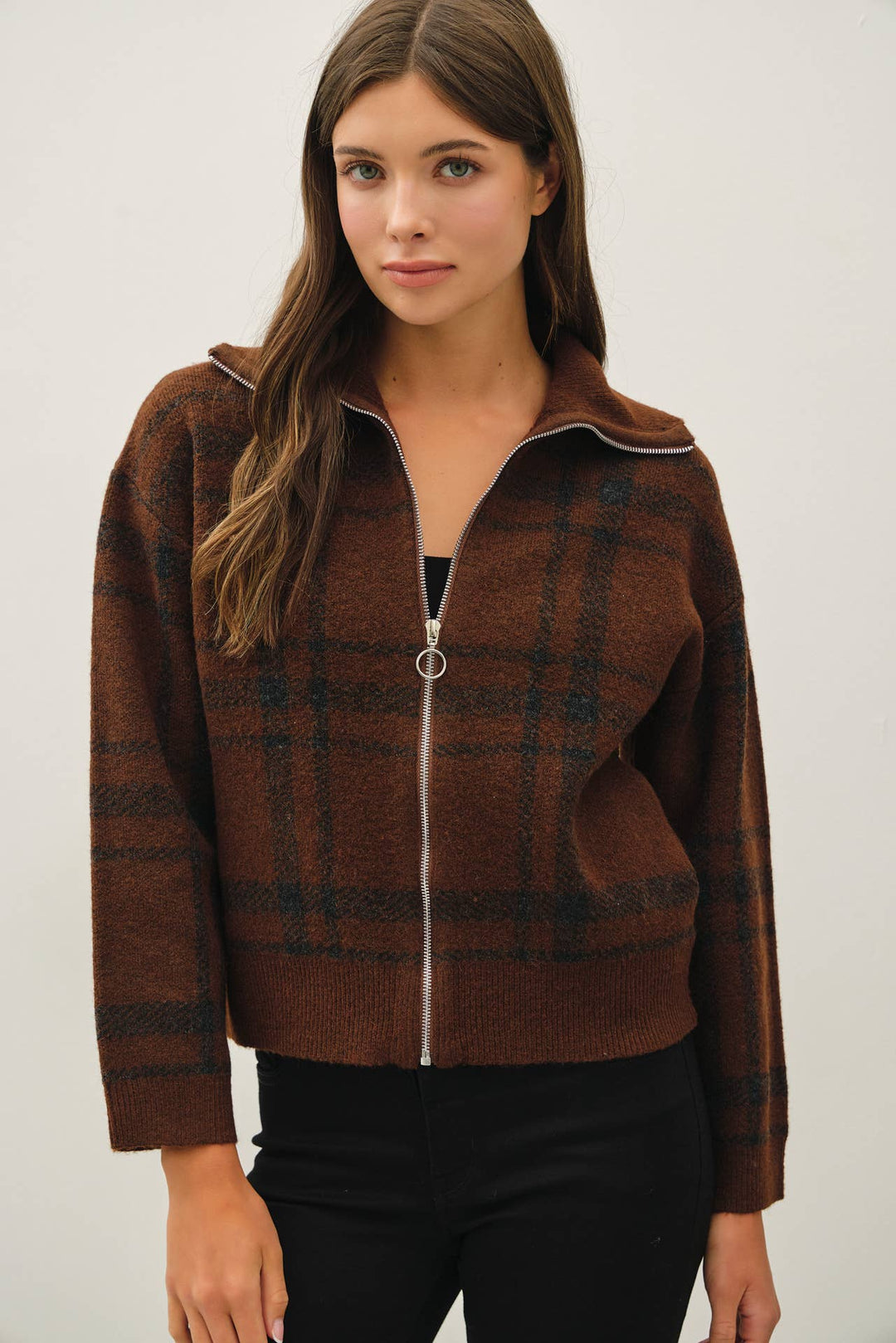 PLAID CHECK HIGH NECK COLLAR SWEATER JACKET: OLIVE / S