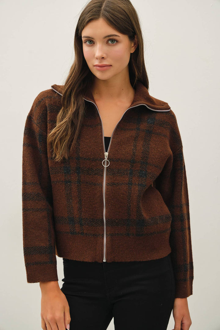 PLAID CHECK HIGH NECK COLLAR SWEATER JACKET: OLIVE / S