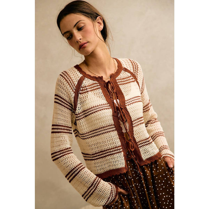 STRIPE OPEN KNIT TIE SWEATER TOP: BROWN / XL
