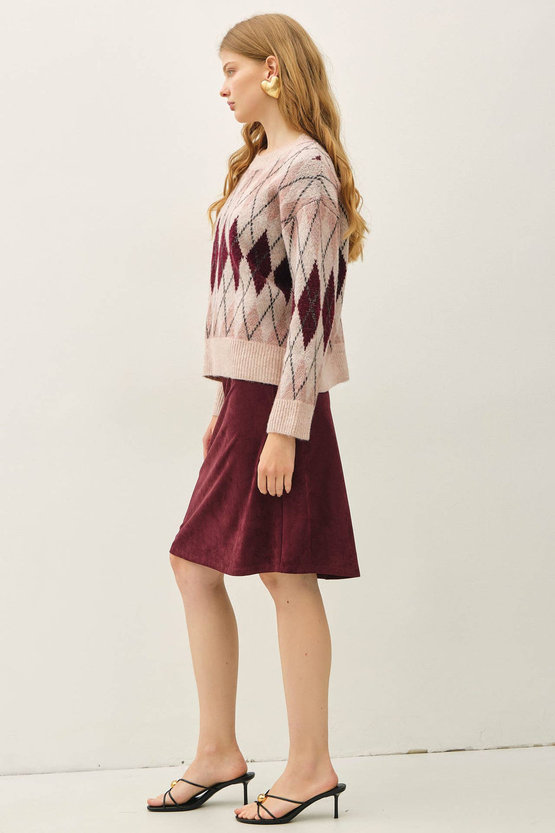 FAUX SUEDE  KNEE LENGTH A-LINE SKIRT: WINE / L