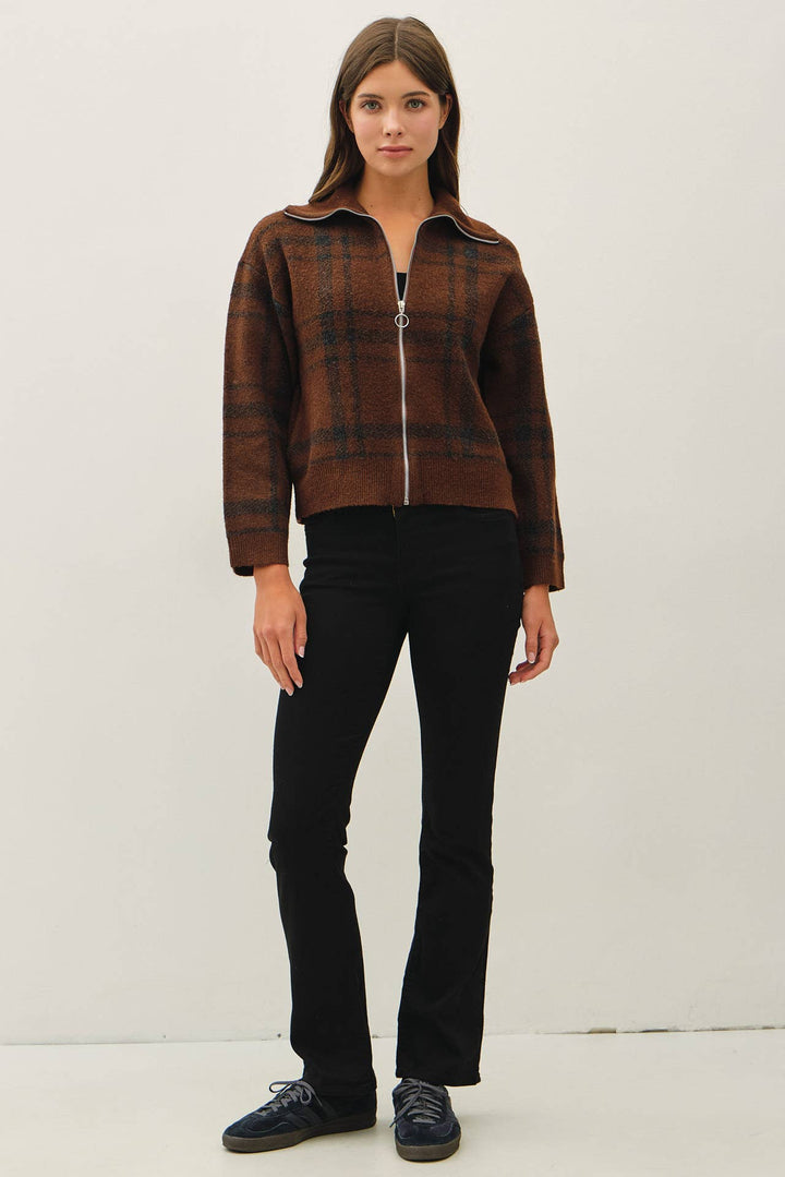PLAID CHECK HIGH NECK COLLAR SWEATER JACKET: OLIVE / S