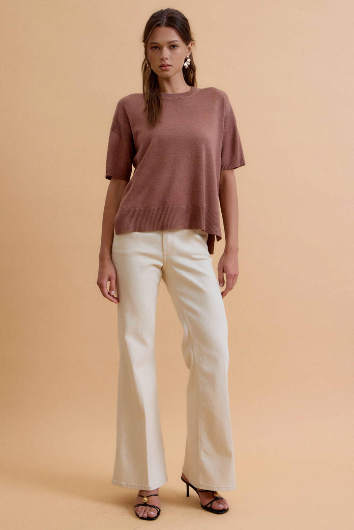 WOOL BLENED BOXY FIT SHORT SLEEVE SWEATER TOP : OATMEAL / L