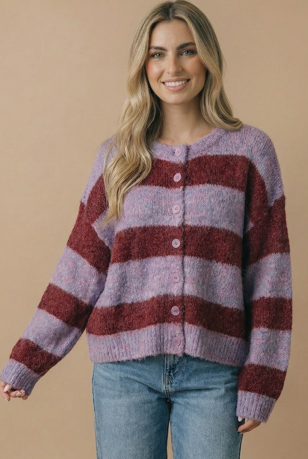 Fluffy Stripe Cardigan: Burgundy/Lavender