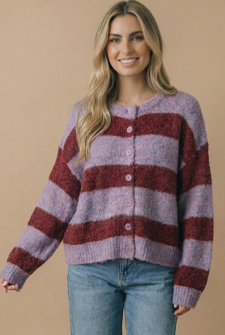 Fluffy Stripe Cardigan: Burgundy/Lavender