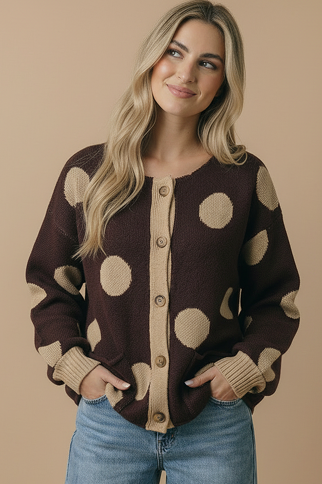 Button Down Polka Dot Jacquard Cardigan: BRUNETTE / S