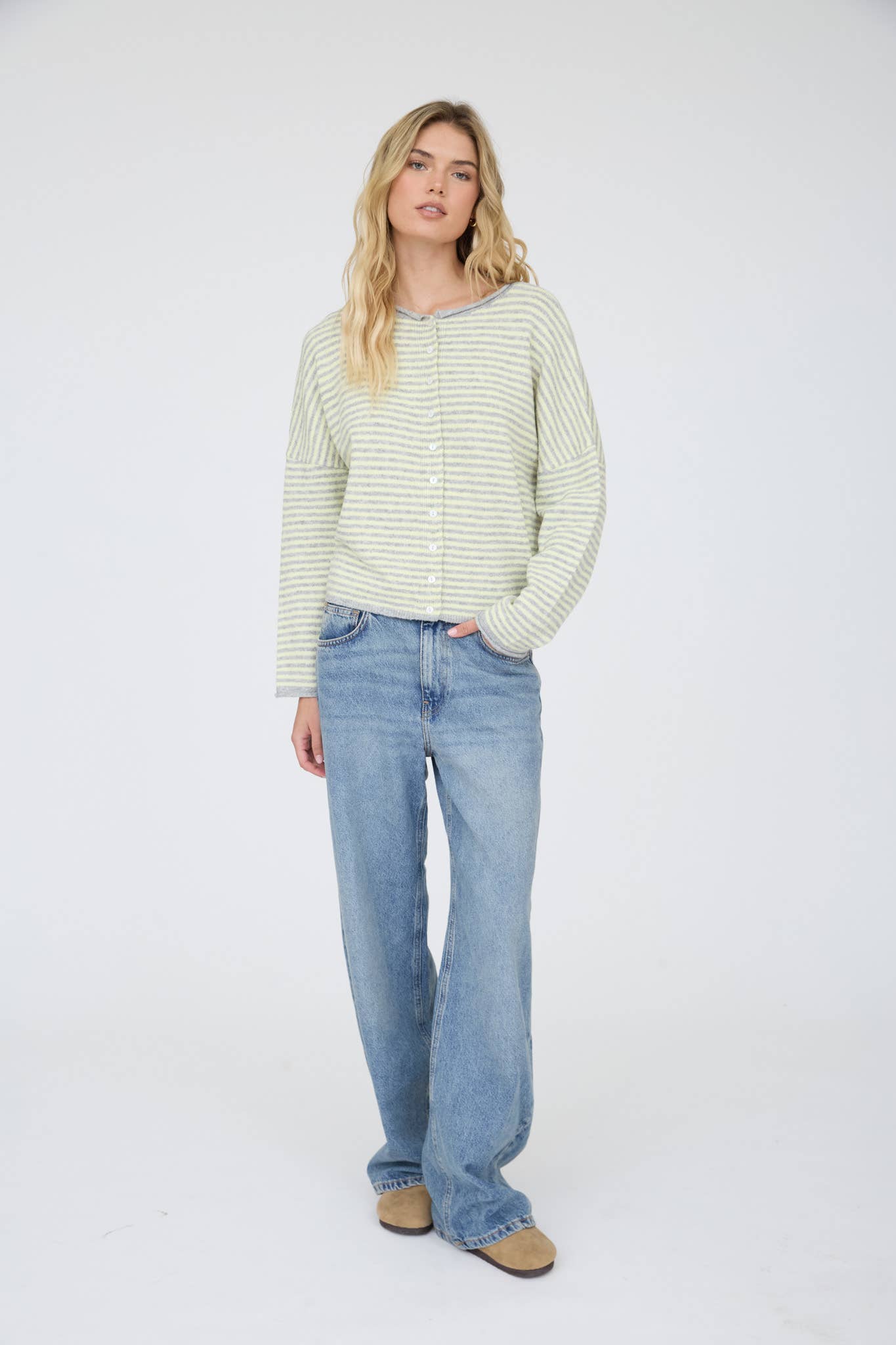 STRIPE RAW EDGE DROP SHOULDER KNIT CARDIGAN : BURGUNDY