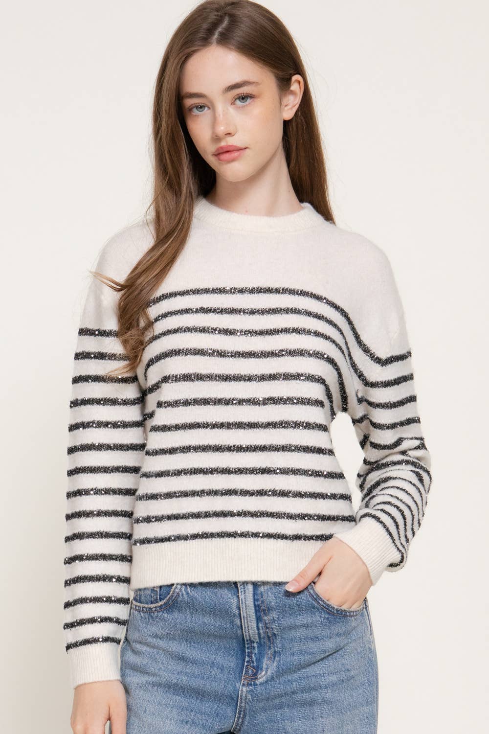 Sequin Stripe Crewneck Sweater