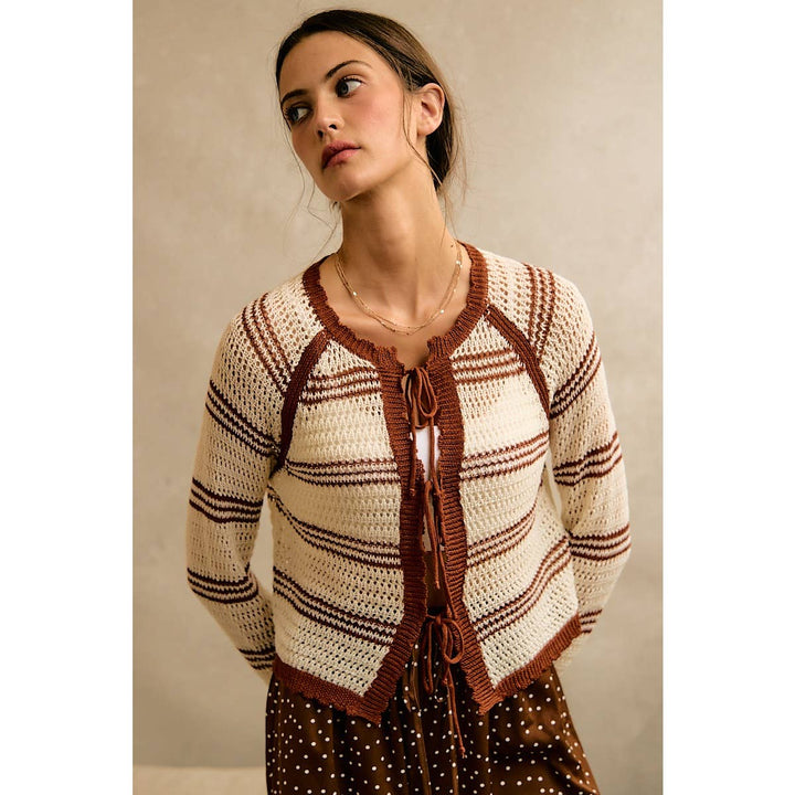 STRIPE OPEN KNIT TIE SWEATER TOP: BROWN / XL