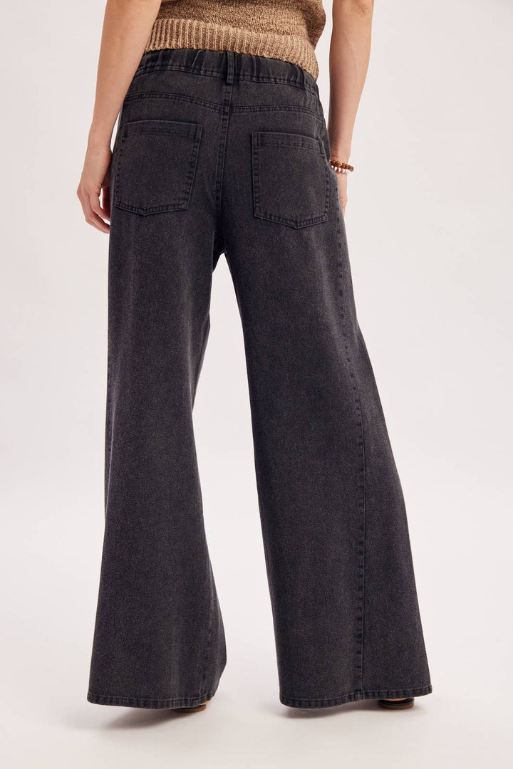 Black Washed Mid-Rise Flare Knit Pants