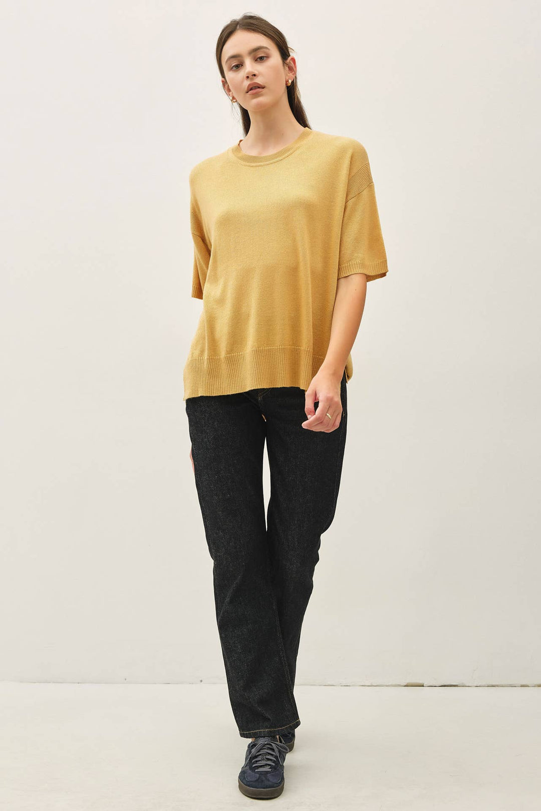 WOOL BLENED BOXY FIT SHORT SLEEVE SWEATER TOP : OATMEAL / L