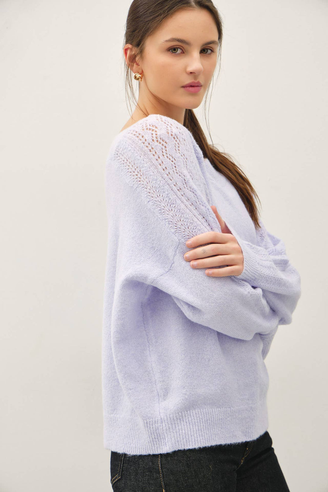 BOAT NECK CROCHET DETAIL SWEATER: LAVENDER / S