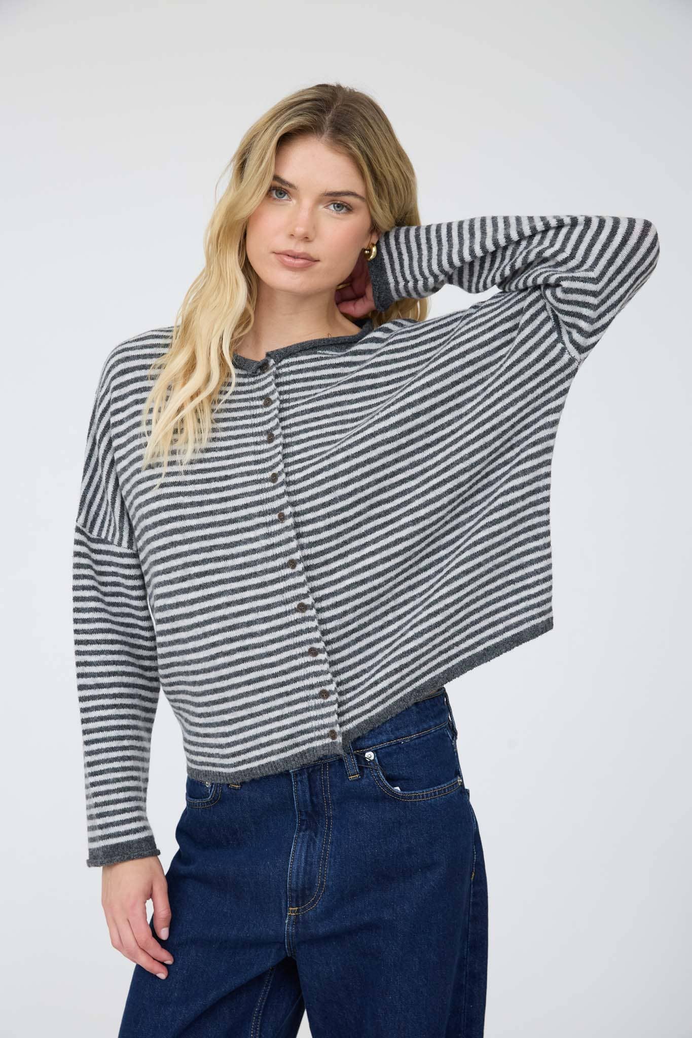 STRIPE RAW EDGE DROP SHOULDER KNIT CARDIGAN : BURGUNDY
