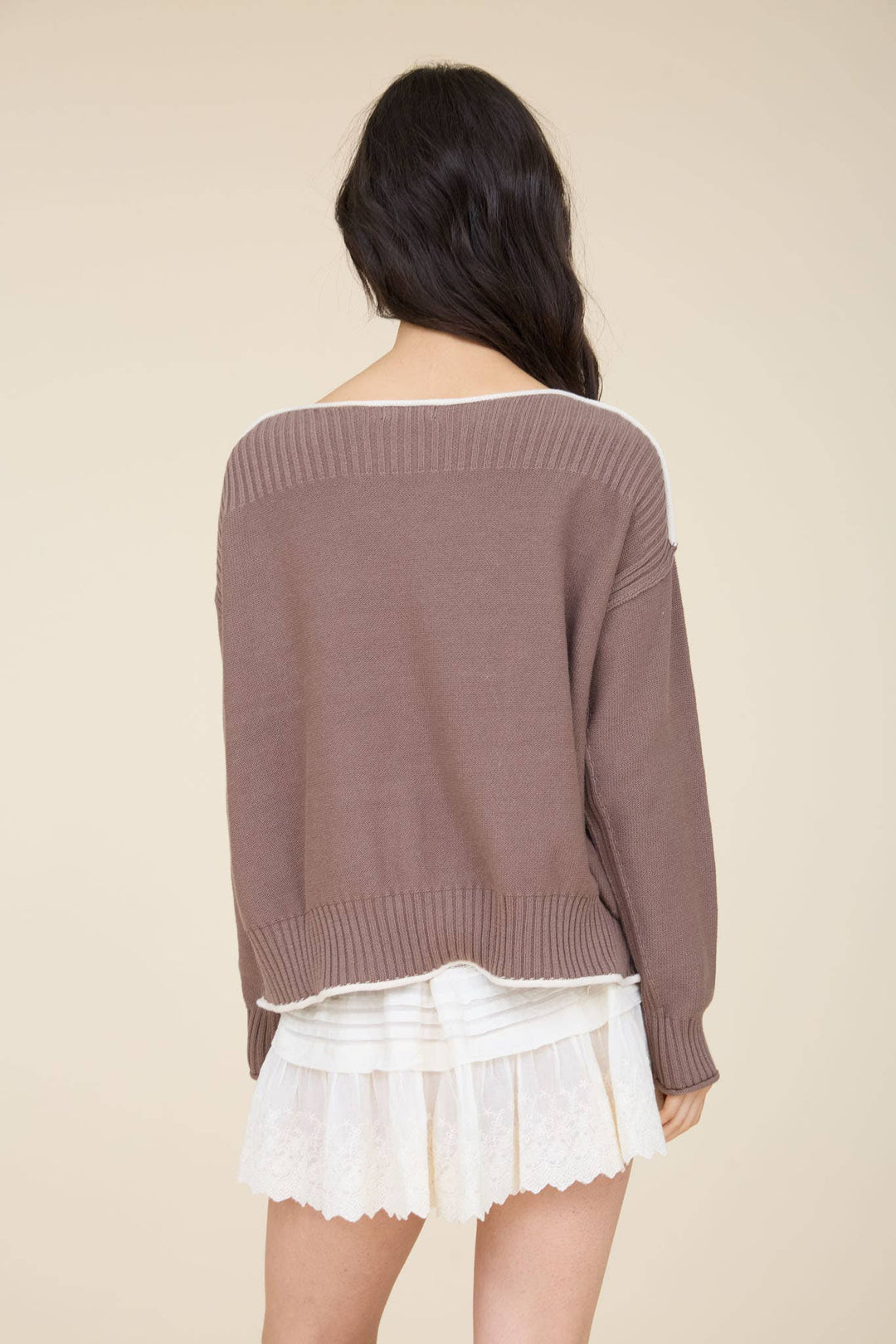 CONTRAST TRIM BOAT NECK RIBBED DETAIL KNIT SWEATER : NAVY