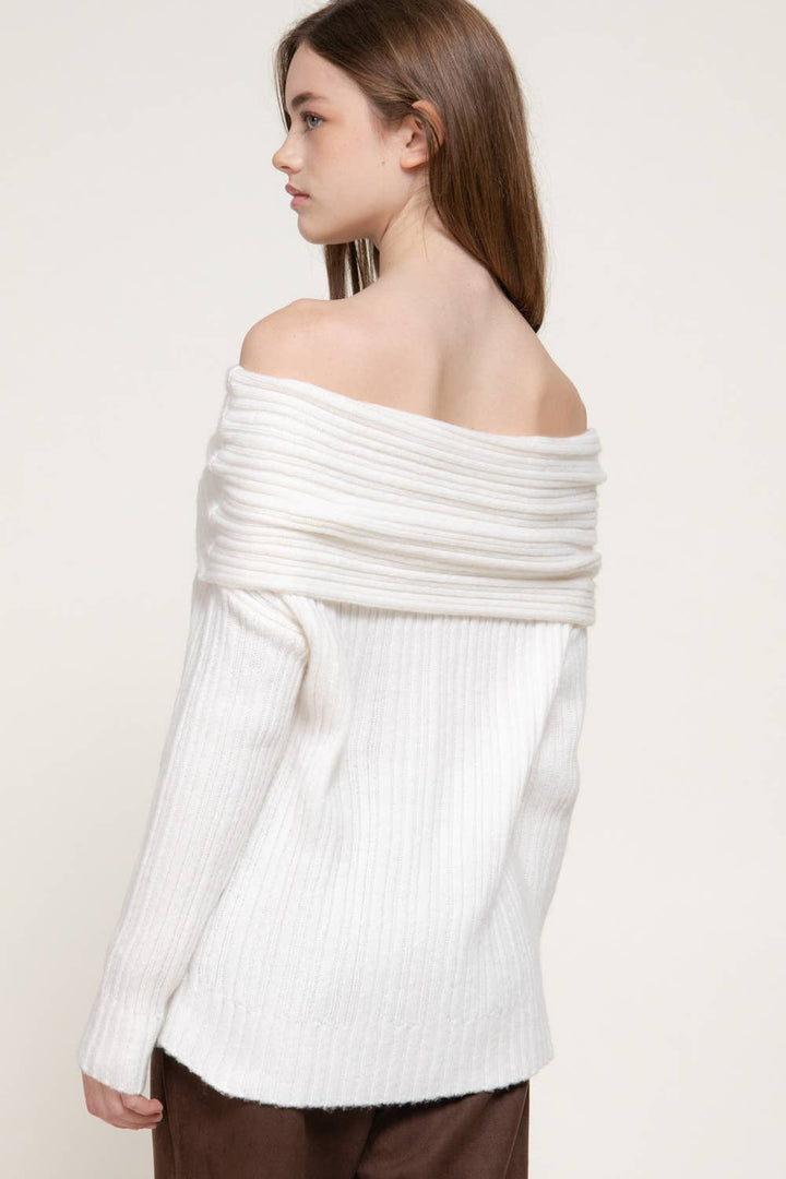 White Off The Shoulder Ribbed Sweater